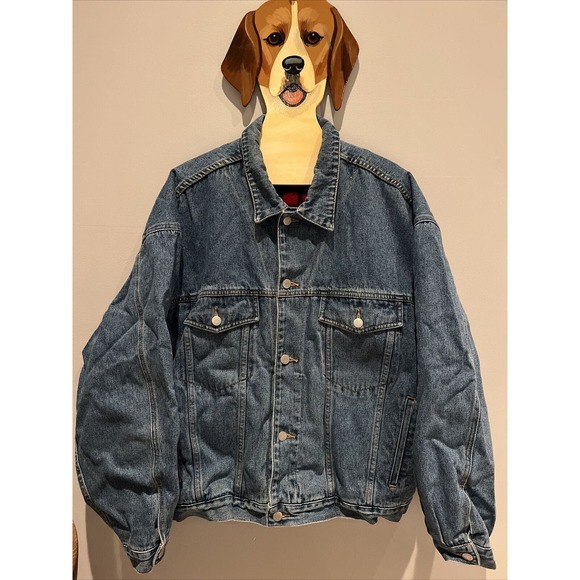 Eddie Bauer XL Denim Jean Jacket Coat Buffalo Plaid Lining Men’s - Picture 1 of 10